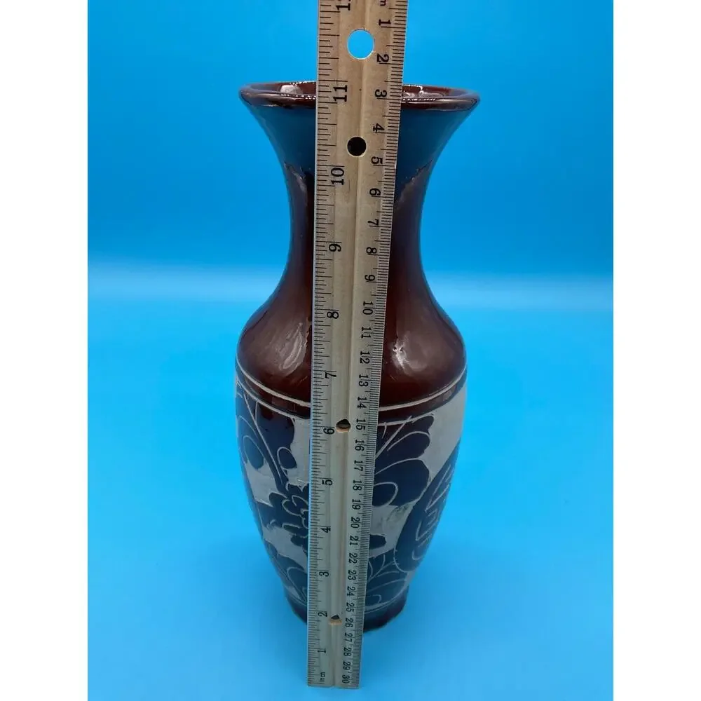 Vintage Brown Ceramic Vase‎ Handcrafted Floral Design 11